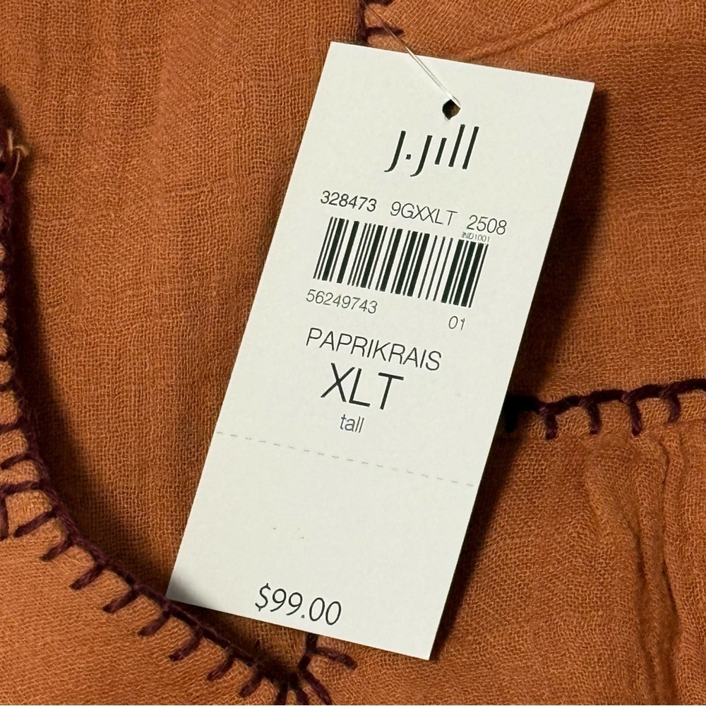 J. Jill Terracotta Cotton Gauze Blouse with Embroidered Sleeves - Picture 8 of 9